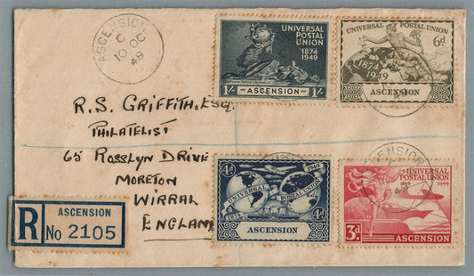 ASCENSION ISLAND GEORGETOWN to ENGLAND ANTIQUE COVER w/ STAMPS