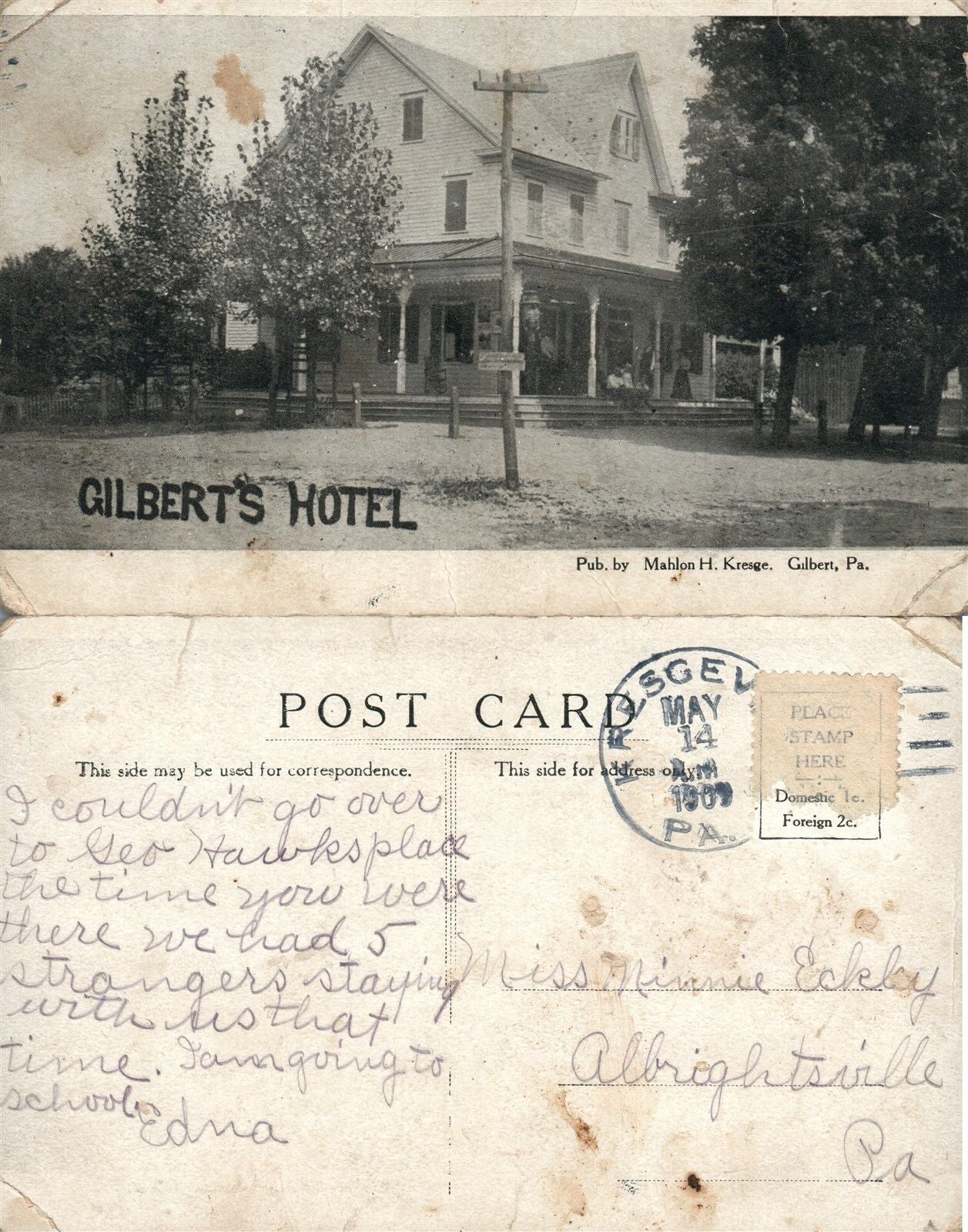 GILBERT PA GILBERT'S HOTEL 1909 ANTIQUE POSTCARD
