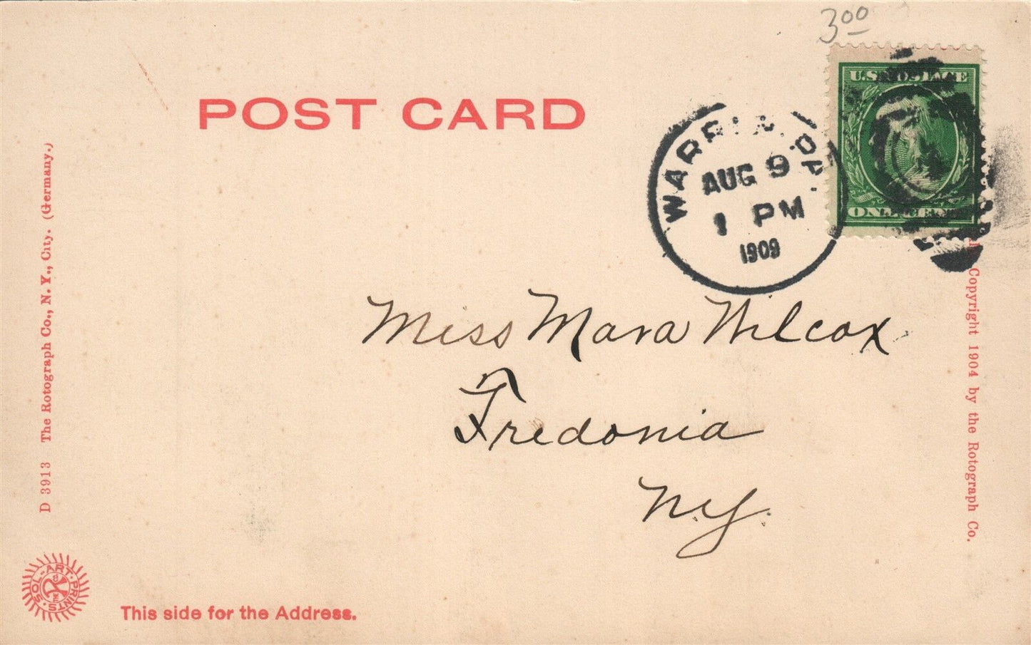 WARREN PA CONEWANGO CREEK 1909 UNDIVIDED ANTIQUE POSTCARD w/ CORK CANCEL