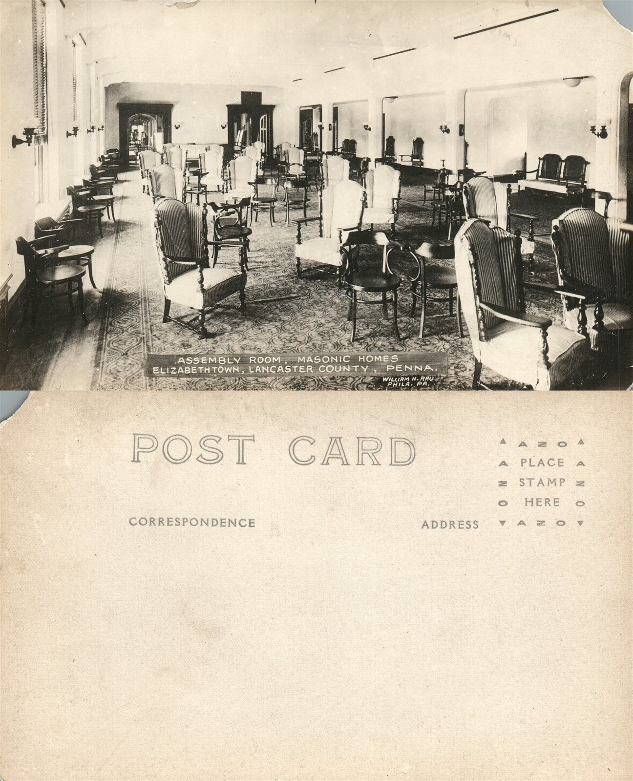 ELIZABETHTOWN LANCASTER MASONIC HOMES ASSEMBLY ROOM ANTIQUE PHOTO POSTCARD RPPC