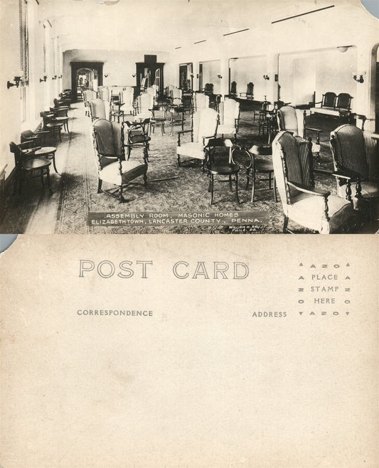ELIZABETHTOWN LANCASTER MASONIC HOMES ASSEMBLY ROOM ANTIQUE PHOTO POSTCARD RPPC