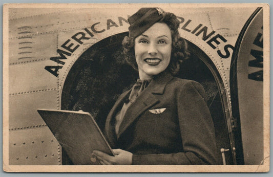 AMERICAN AIRLANES STEWARDESS VINTAGE 1942 POSTCARD