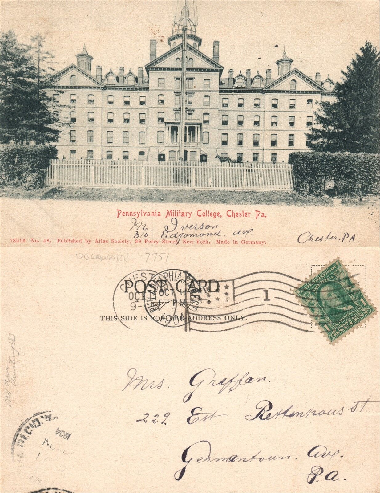 CHESTER PENNSYLVANIA MILITARY COLLEGE 1904 UNDIVIDED ANTIQUE POSTCARD