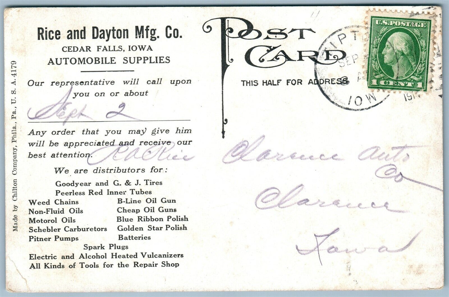 CEDAR FALLS IA AUTO SUPPLY CO ANTIQUE POSTCARD AUTOMOBILE SUPPLIES ADVERTISING