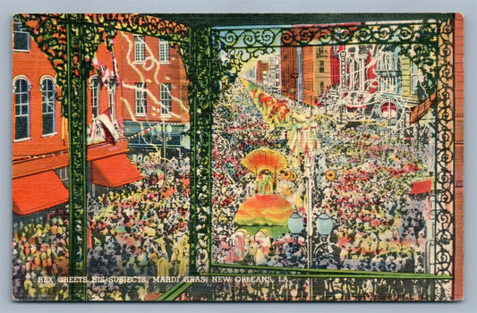 NEW ORLEANS LA MARDI GRAS REX GREETS HIS SUBJECTS 1953 VINTAGE POSTCARD