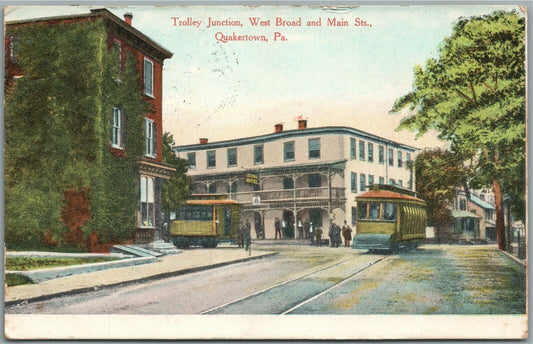 QUAKERTOWN PA TROLLEY JUNCTION WEST BROAD & MAIN STREET ANTIQUE POSTCARD