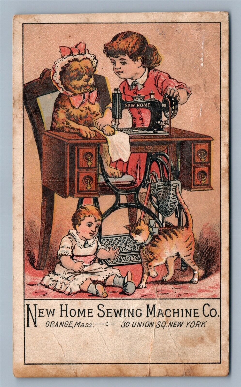 NEWTON NJ SEWING MACHINE CO. VICTORIAN TRADE CARD w/ CAT DOG DOLL