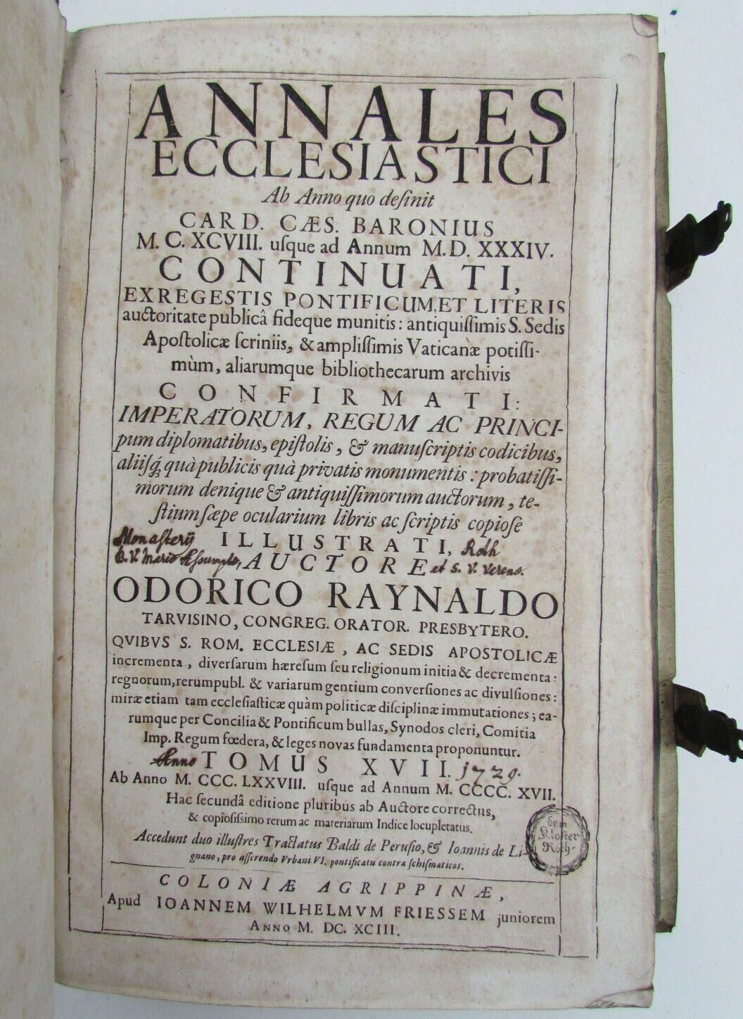 1693 BLIND-STAMPED PIGSKIN OVER WOODEN BOARDS FOLIO ANNALES ECCLESIASTICI