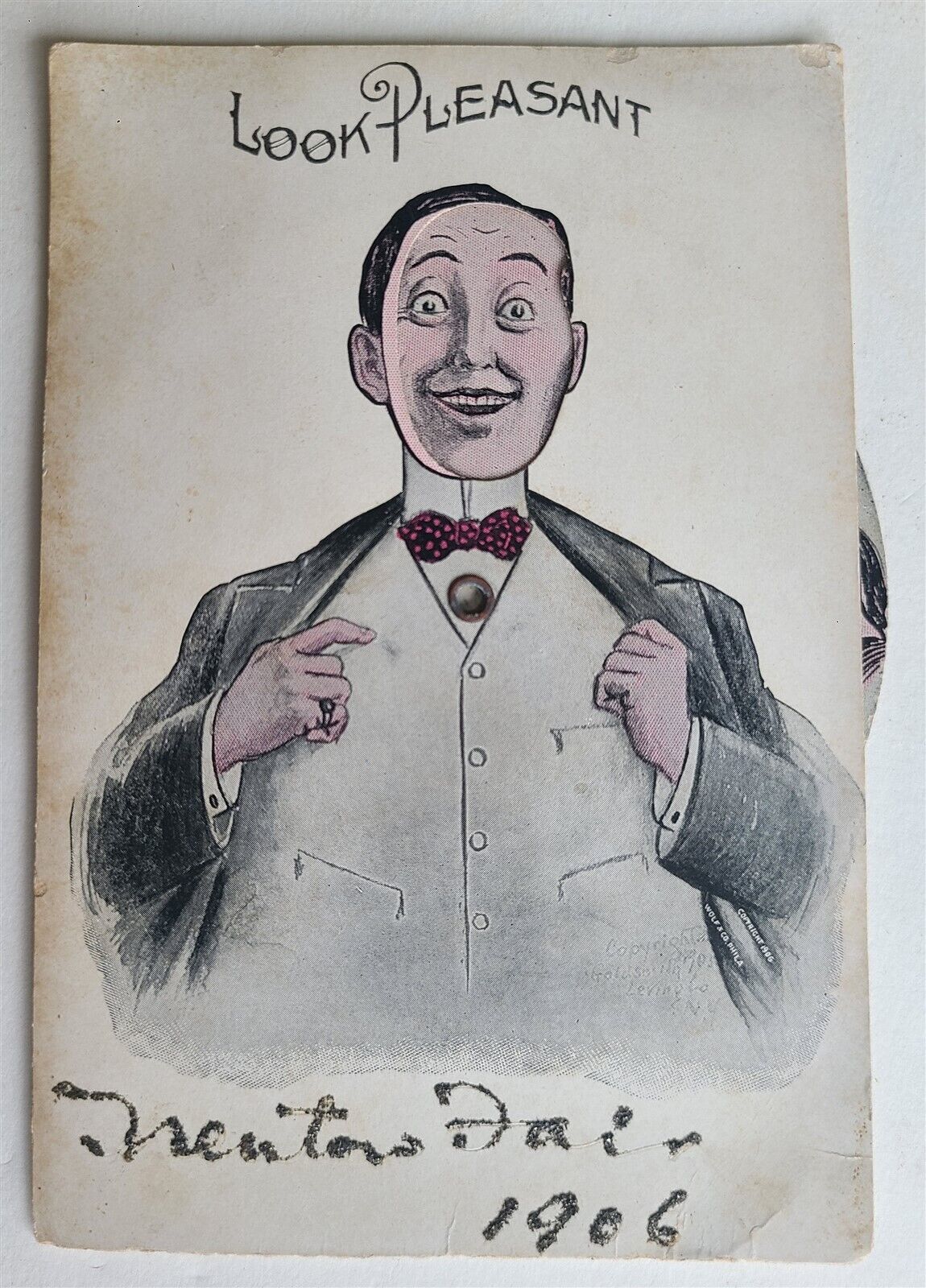 MAN w/ SPINNING CHANGING FACES ANTIQUE POSTCARD 1906