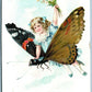 GIRL RIDING FLY ANTIQUE BIRTHDAY POSTCARD