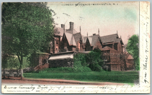 WASHINGTON NJ CORNISH RESIDENCE 1906 UNDIVIDED ANTIQUE POSTCARD w/ CORK CANCEL