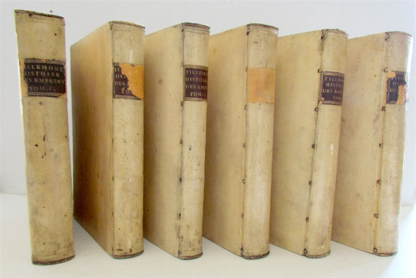 1732 6 VOLUMES HISTORY of EMPERORS & PRINCES VELLUM BINDINGS in FRENCH antique