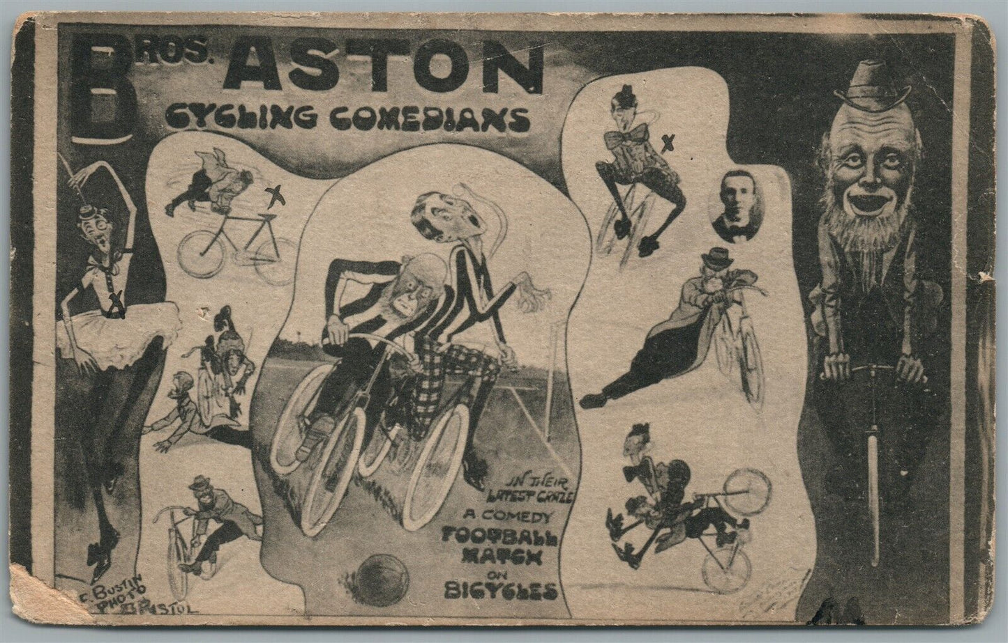 BICYCLE CIRCUS BROS. ASTON CYCLING COMEDIANS ANTIQUE POSTCARD