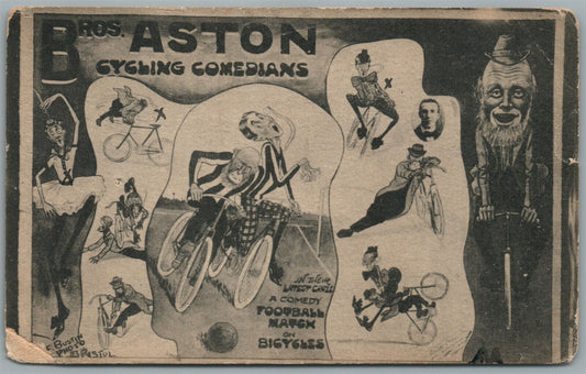 BICYCLE CIRCUS BROS. ASTON CYCLING COMEDIANS ANTIQUE POSTCARD