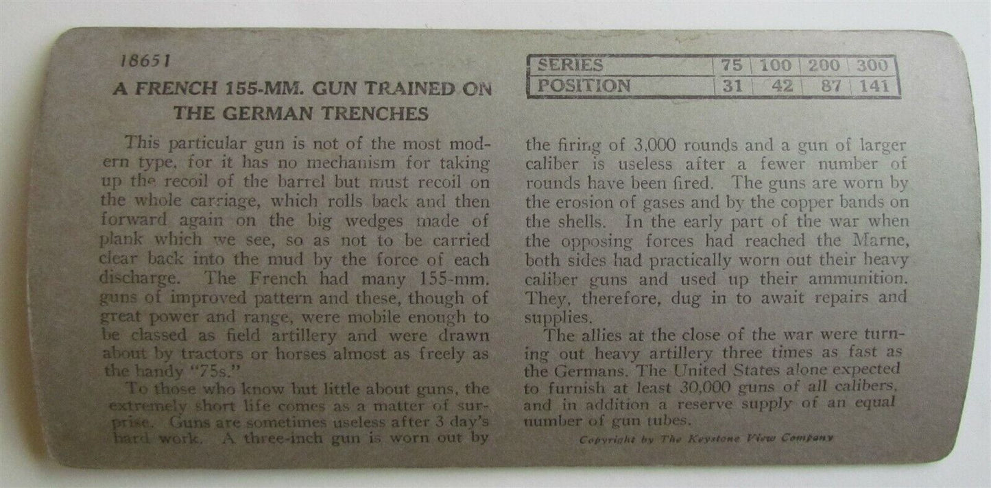 ARTILLERY FRENCH 155 mm GUN on GERMAN TRENCHES WWI MILITARY STEREOVIEW PHOTO