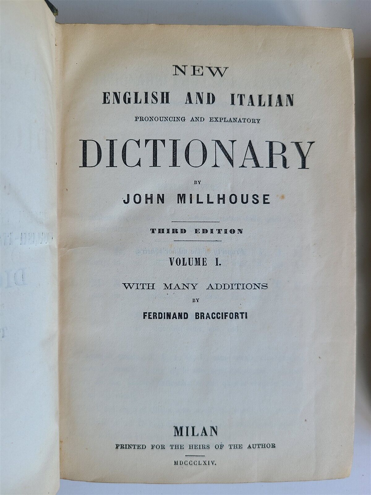 1864 ITALIAN ENGLISH DICTIONARY antique 2 VOLS NUOVO DIZIONARIO JOHN MILLHOUSE