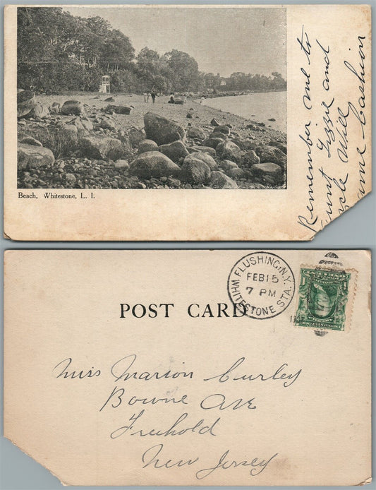 LONG ISLAND WHITESTONE N.Y. BEACH UNDIVIDED 1907 ANTIQUE POSTCARD CORK CANCEL