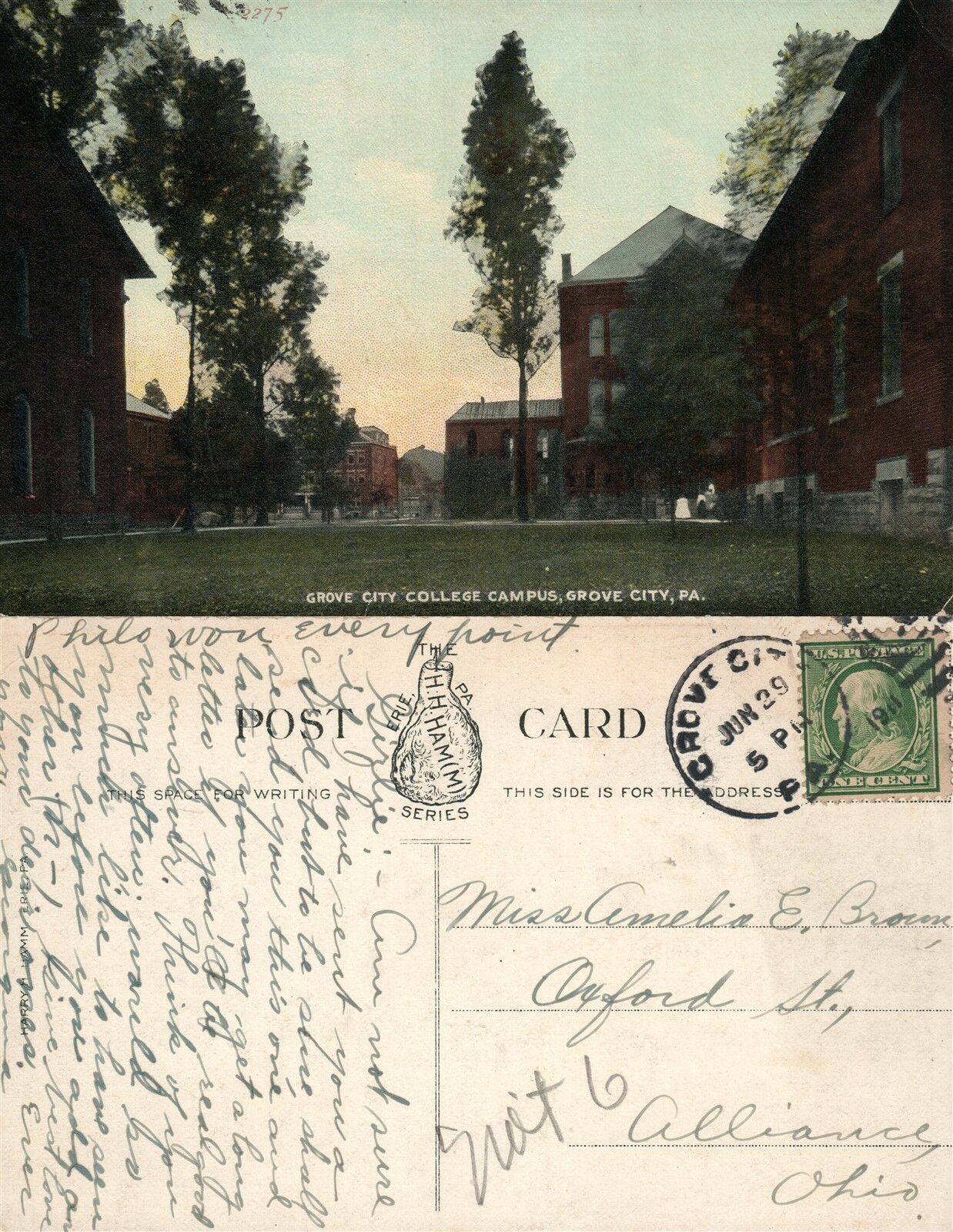 GROVE CITY COLLEGE CAMPUS PA 1911 ANTIQUE POSTCARD w/ CORK CANCEL