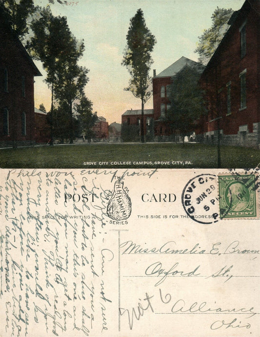 GROVE CITY COLLEGE CAMPUS PA 1911 ANTIQUE POSTCARD w/ CORK CANCEL