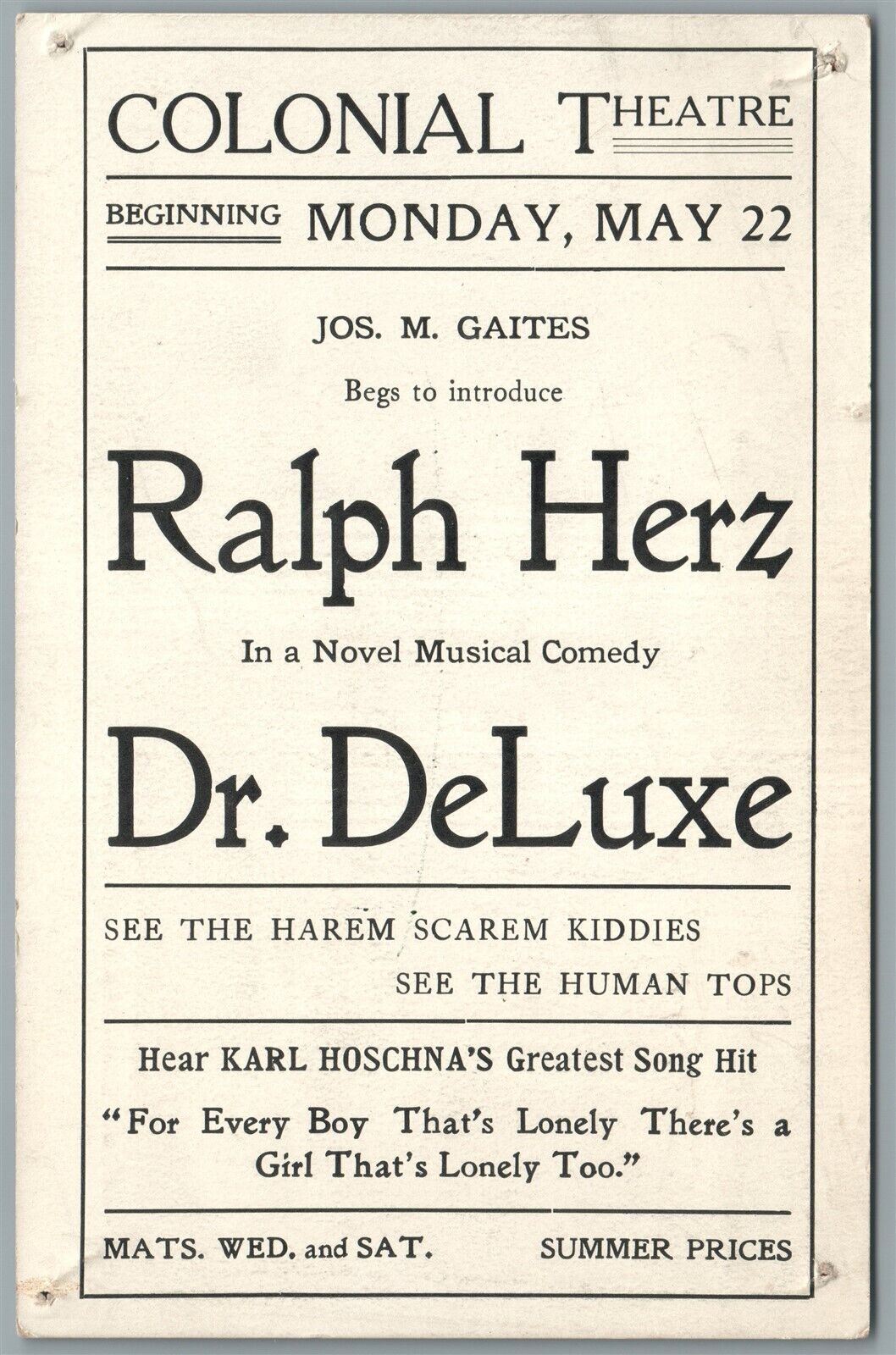 BOSTON MA COLONIAL THEATRE DR. DeLUXE MUSICAL COMEDY ANTIQUE POSTCARD
