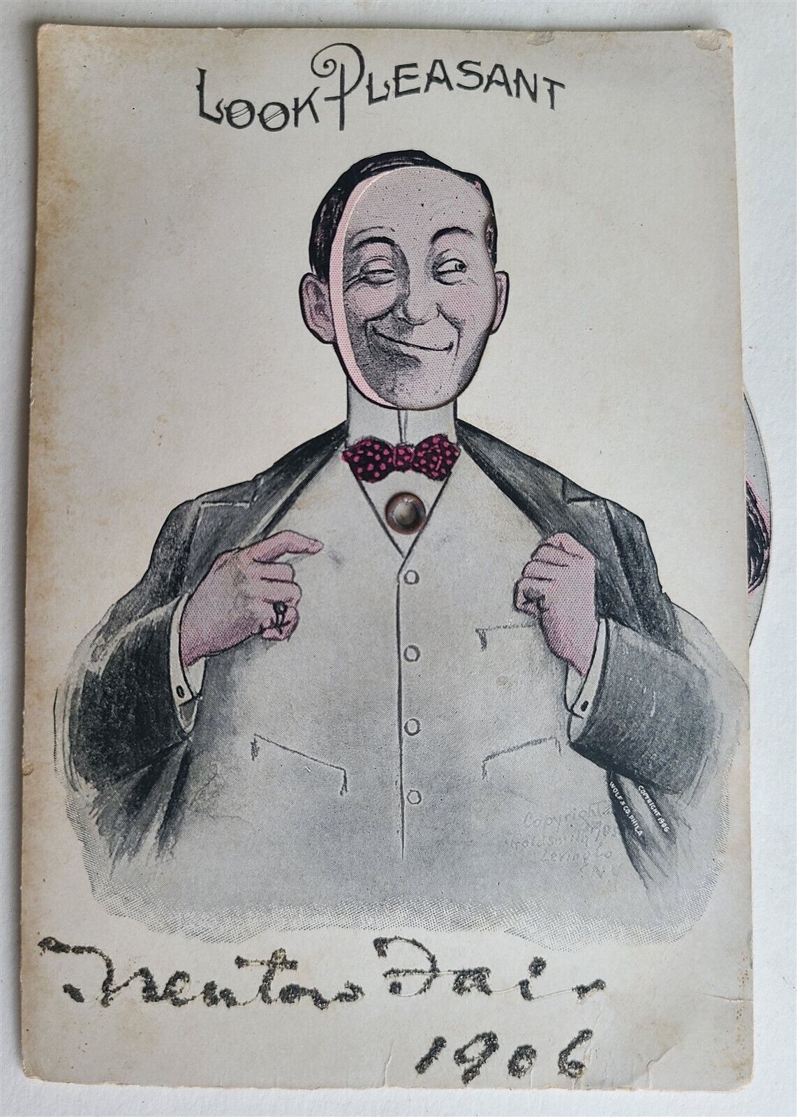 MAN w/ SPINNING CHANGING FACES ANTIQUE POSTCARD 1906