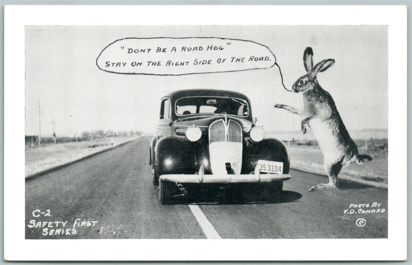 EXAGGERATED RABBIT CAR SAFETY SERIES VINTAGE POSTCARD