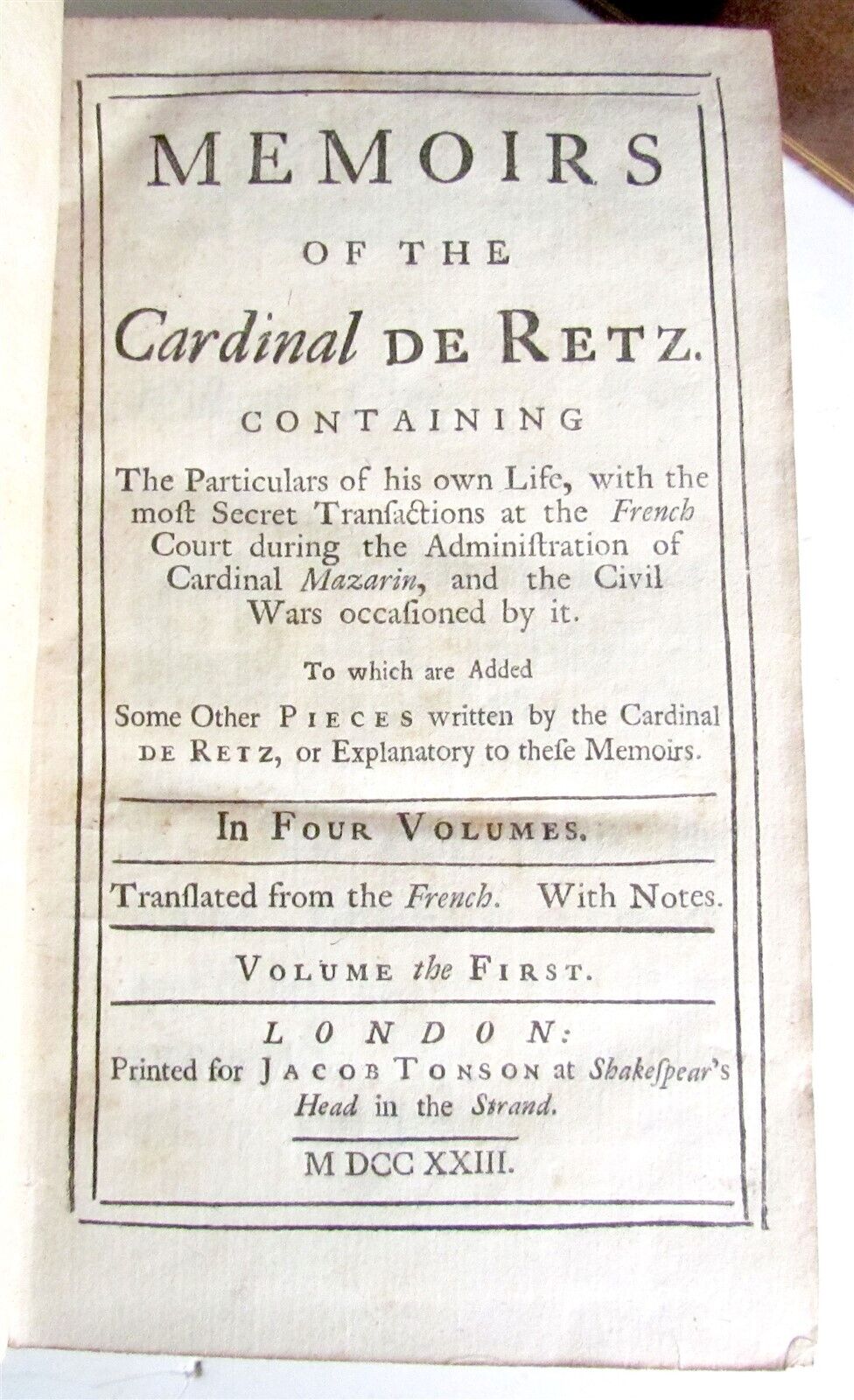 1723 MEMOIRS of the CARDINAL de RETZ 4 VOLUMES COMPLETE SET antique in ENGLISH