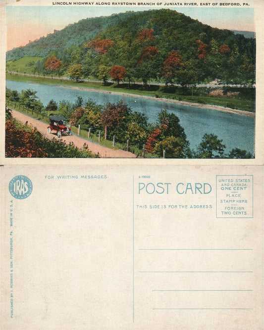 EAST OF BEDFORD PA LINCOLN HIGHWAY JUNIATA RIVER ANTIQUE POSTCARD
