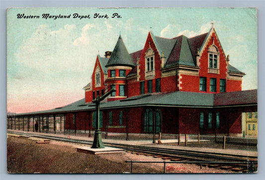 YORK PA WESTERN MARYLAND RAILROAD DEPOT 1911 ANTIQUE POSTCARD railway station