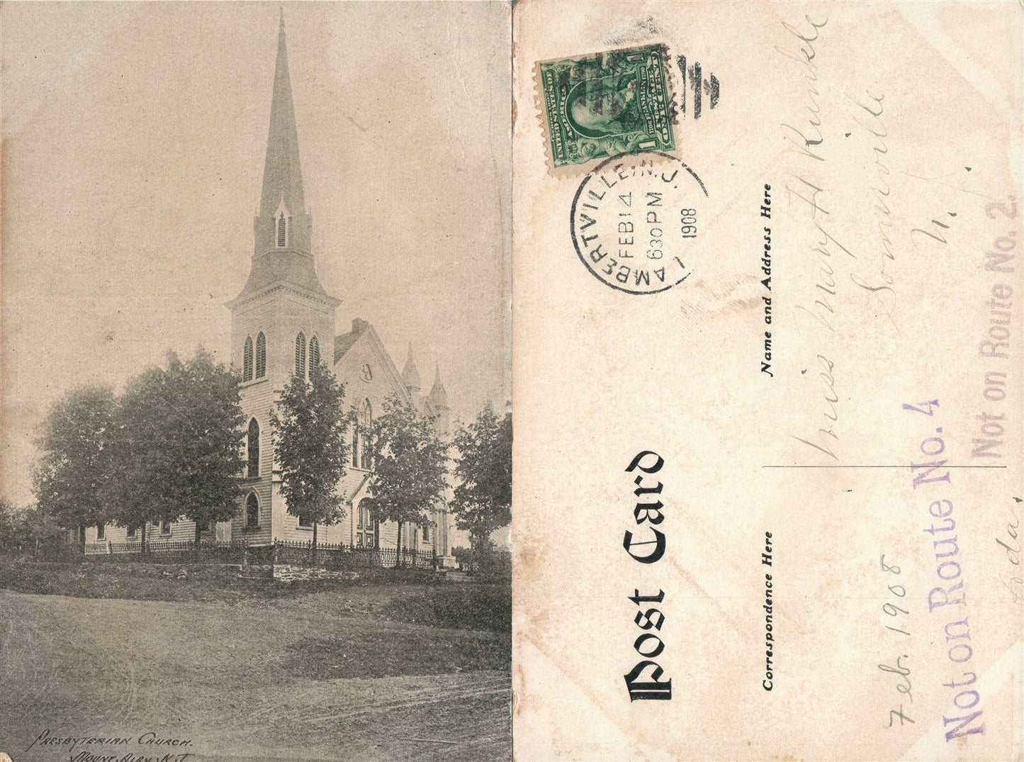MOUNT AIRY N.J. PRESBYTERIAN CHURCH 1908 ANTIQUE POSTCARD w/ CORK CANCEL