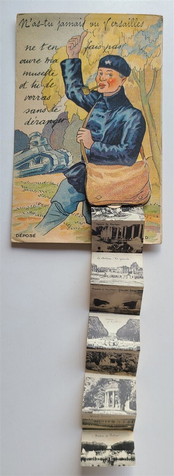FRENCH ANTIQUE COMIC POSTCARD MAILMAN w/ TANK VERSAILLES FOLDING MINIATURE VIEWS