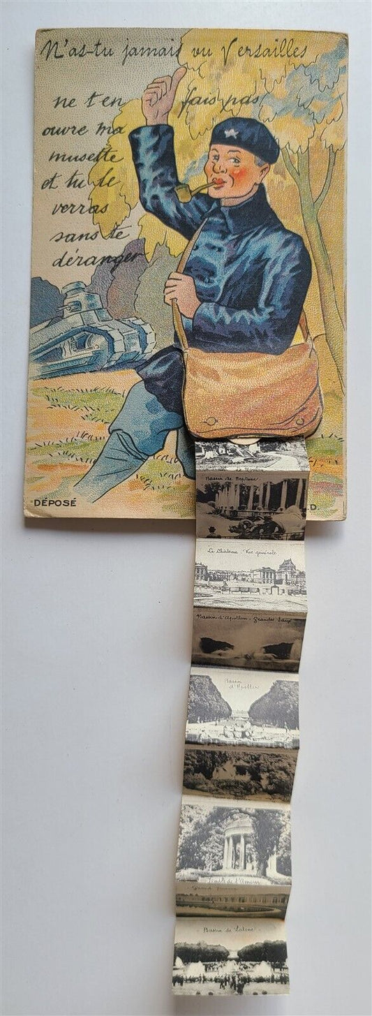 FRENCH ANTIQUE COMIC POSTCARD MAILMAN w/ TANK VERSAILLES FOLDING MINIATURE VIEWS