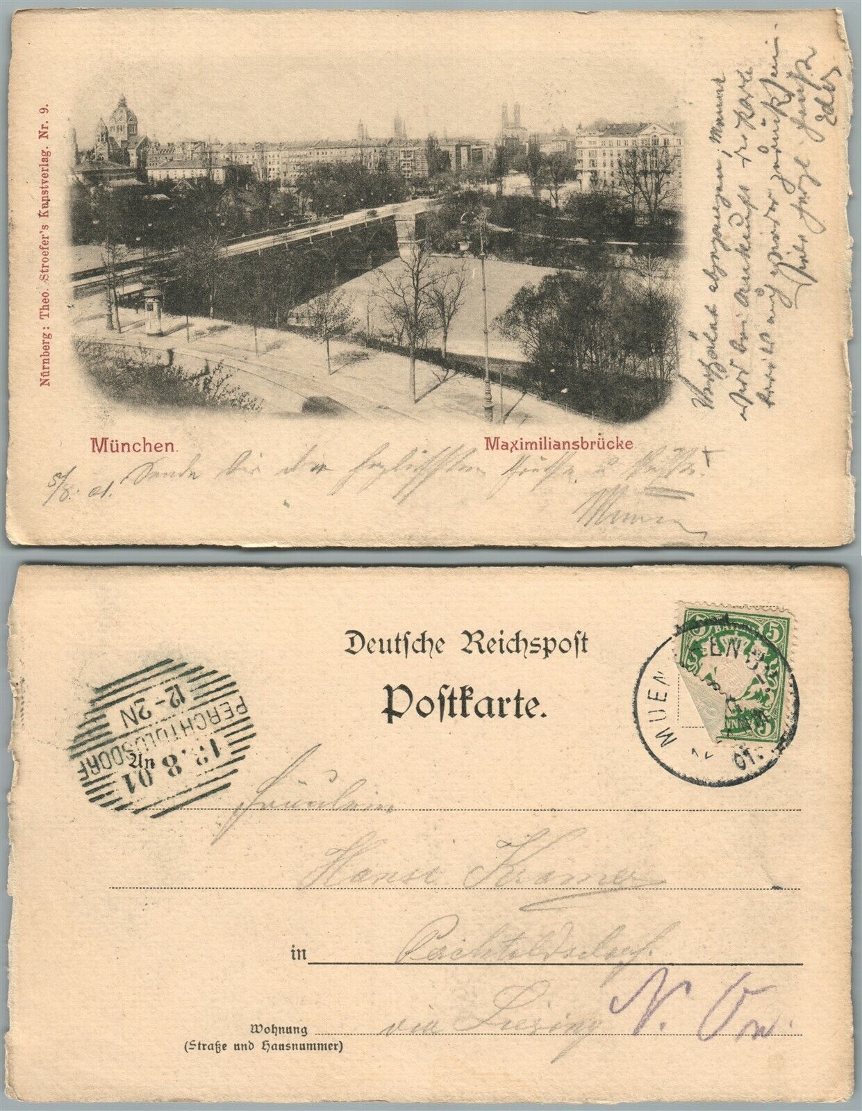 MUNCHEN GERMANY MAXIMILIANSTRASSE 1901 ANTIQUE POSTCARD w/ BAVARIAN STAMP