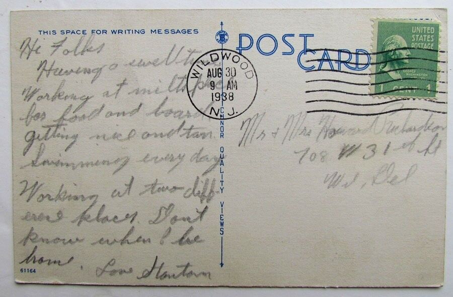 VINTAGE 1938 POSTCARD GENERAL BEACH VIEW FROM CEDAR AVENUE WILDWOOD NJ