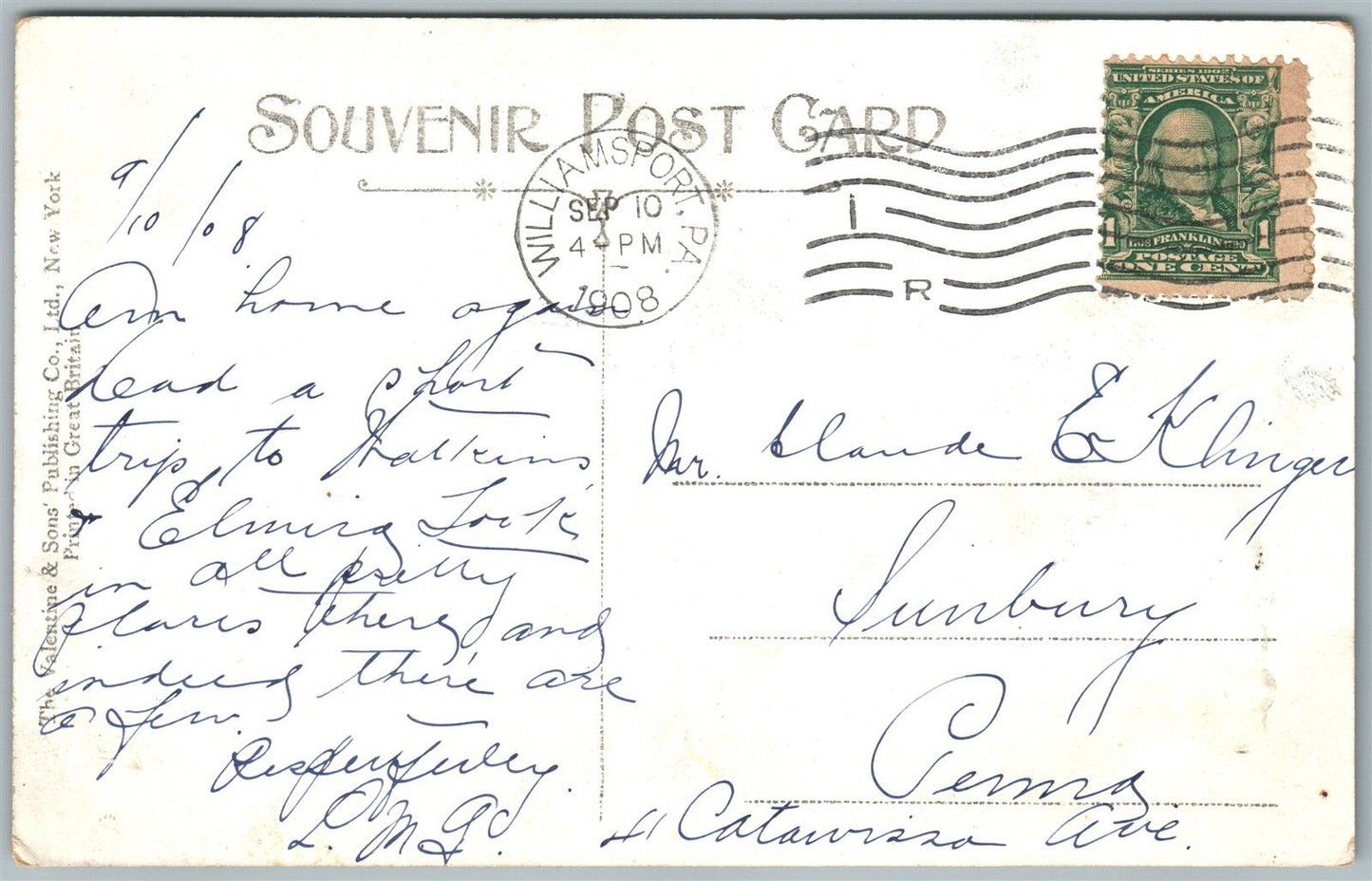 WILLIAMSPORT PA MILL CREEK 1908 ANTIQUE POSTCARD