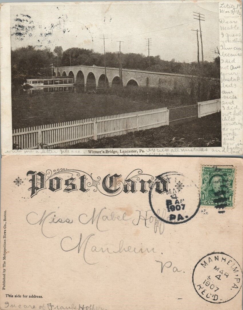 ANTIQUE 1907 UNDIVIDED POSTCARD WITMER'S BRIDGE LANCASTER PA