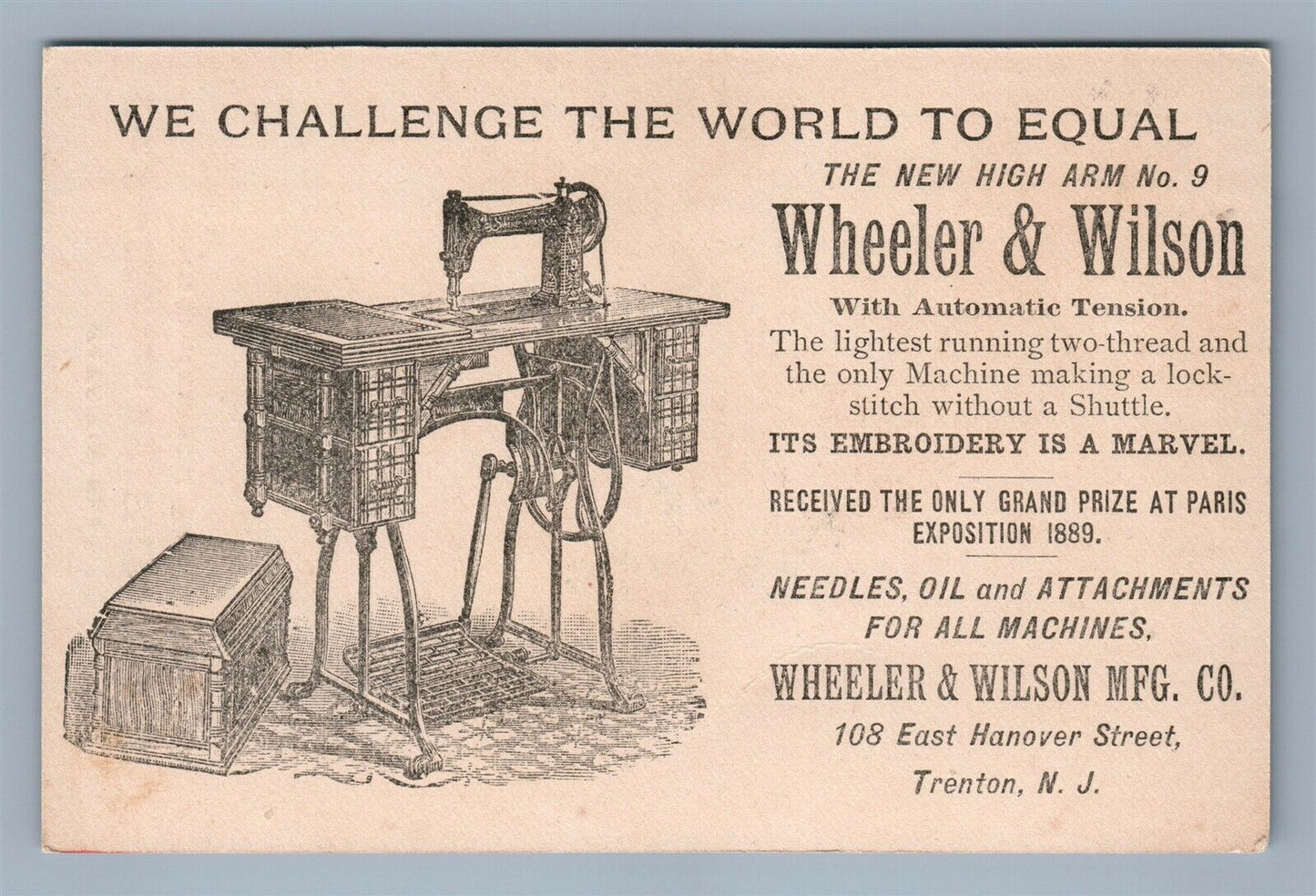 TRENTON NJ ANTIQUE VICTORIAN TRADE CARD WHEELER & WILSON CO ADVERTISING