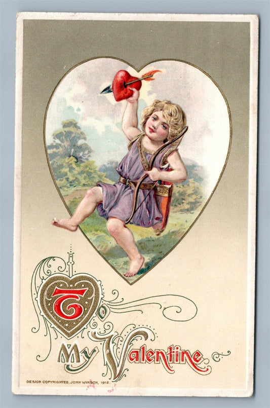 VALENTINE 1912 SAMUEL SCHMUCKER ANTIQUE POSTCARD by JOHN WINSCH CUPID DANCING