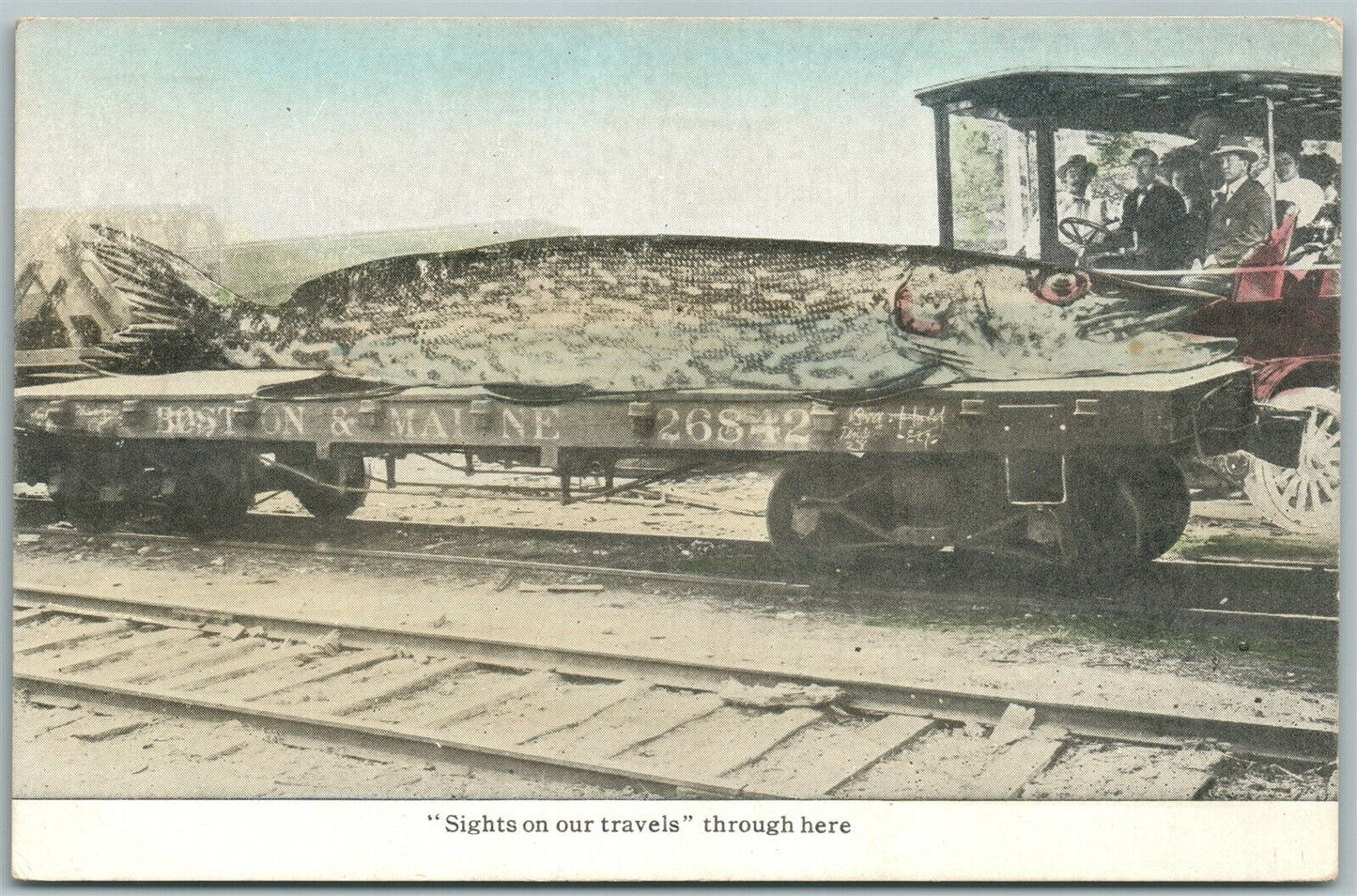 FISH ON RAILROAD CAR 1919 ANTIQUE EXAGGERATED POSTCARD