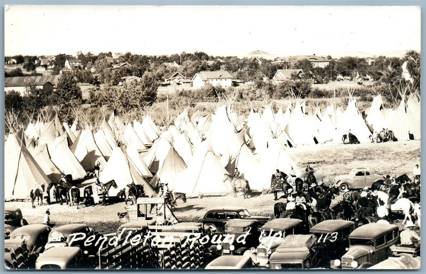 AMERICAN INDIAN CAMP WIGWAMS CARS ROUNDUP PENDLETON OR VINTAGE REAL PHOTO RPPC