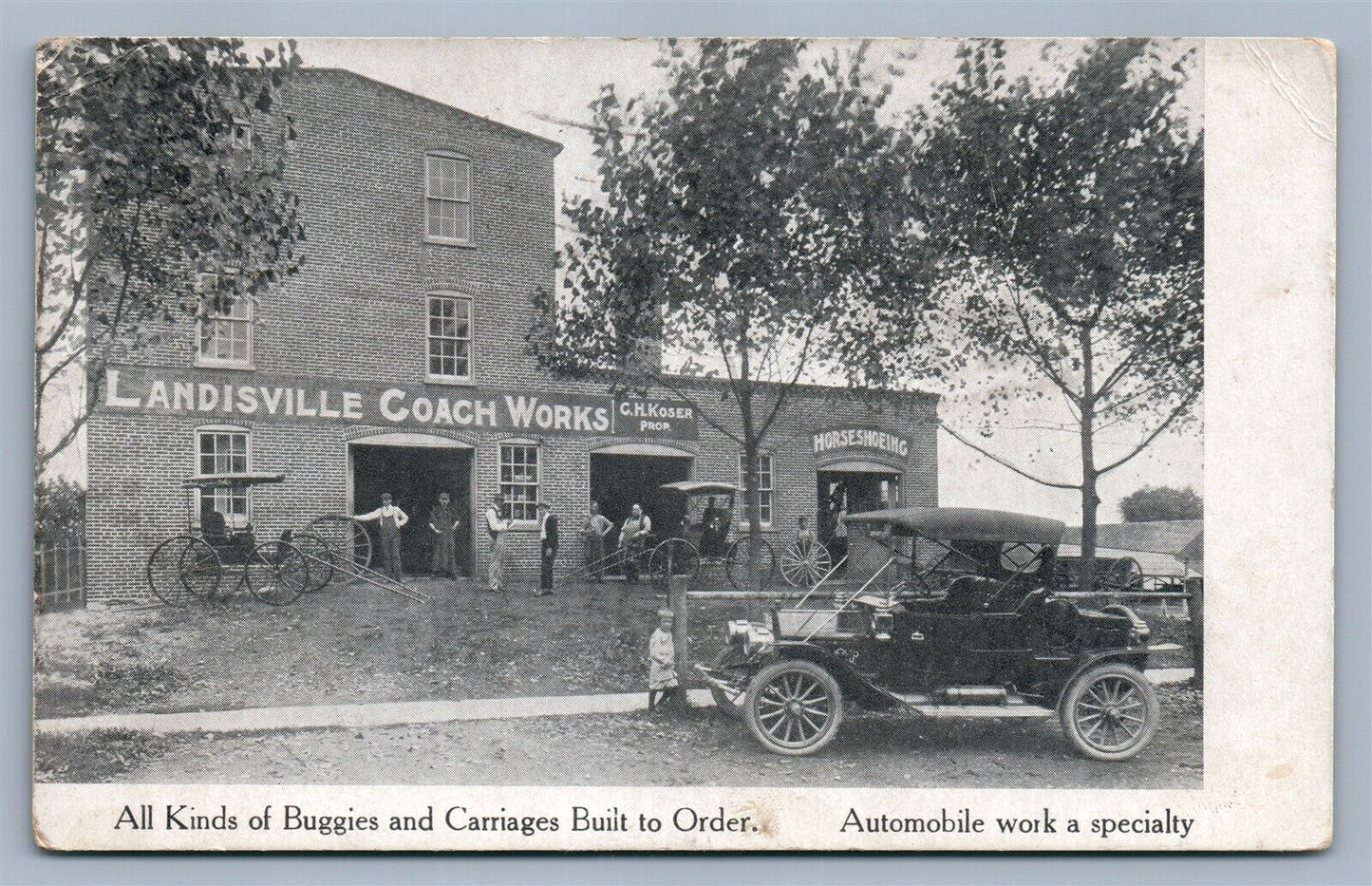 LANDISVILLE PA COACH WORKS ANTIQUE POSTCARD AUTOMOBILE BUGGIES CARRIAGES BUILT