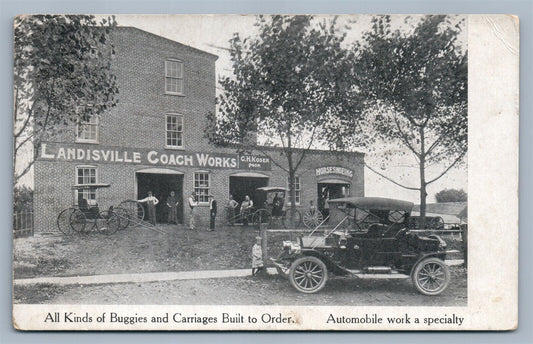 LANDISVILLE PA COACH WORKS ANTIQUE POSTCARD AUTOMOBILE BUGGIES CARRIAGES BUILT