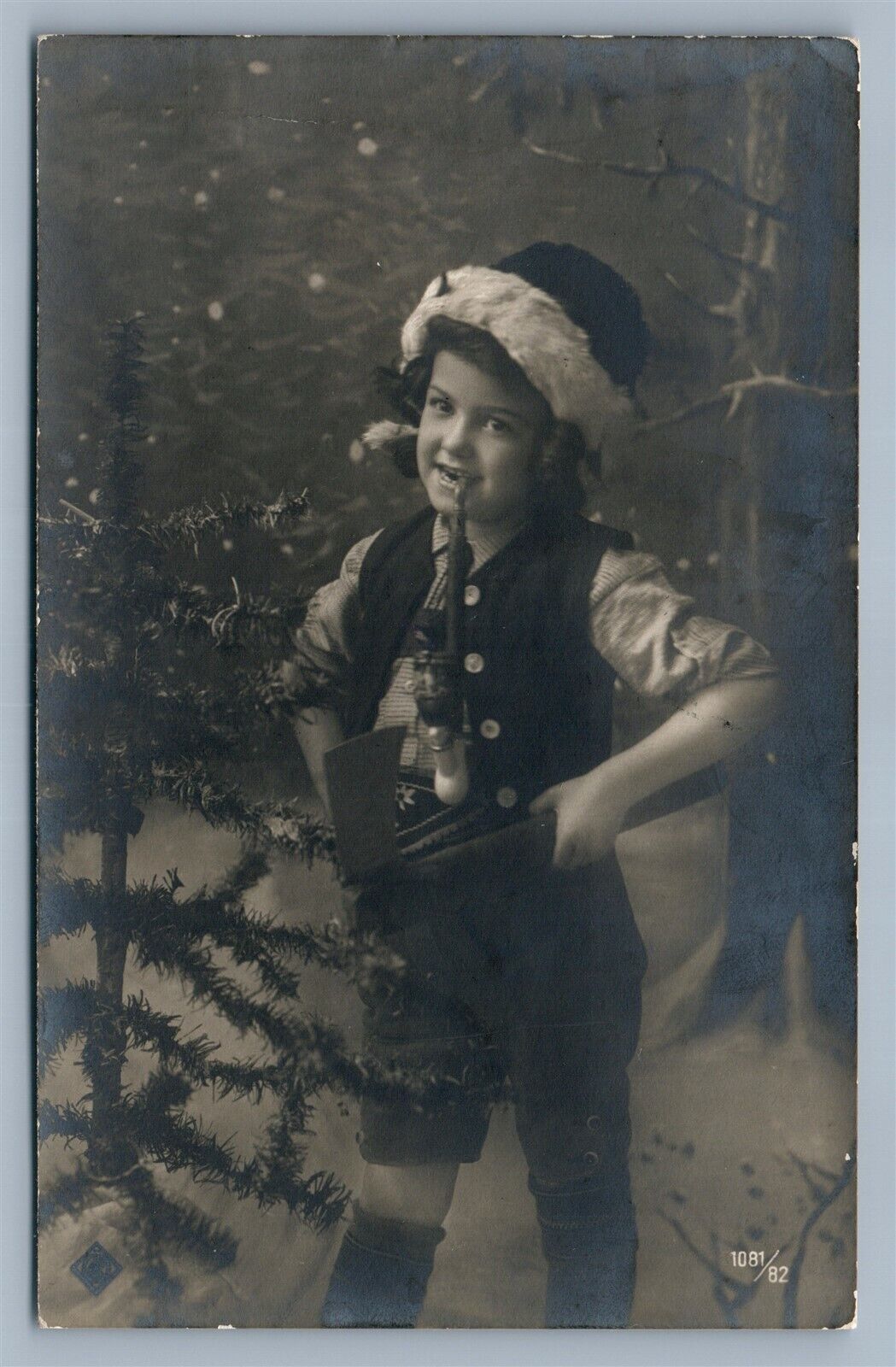 BOY w/ CHRISTMAS TREE & AXE & SMOKING PIPE ANTIQUE REAL PHOTO POSTCARD RPPC