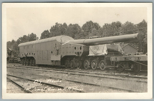 BIG BERTHA GUN on RAILROAD PLATFORM WWI ERA ANTIQUE REAL PHOTO POSTCARD RPPC