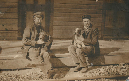 MEN w/ DOGS 1908 ANTIQUE REAL PHOTO POSTCARD RPPC