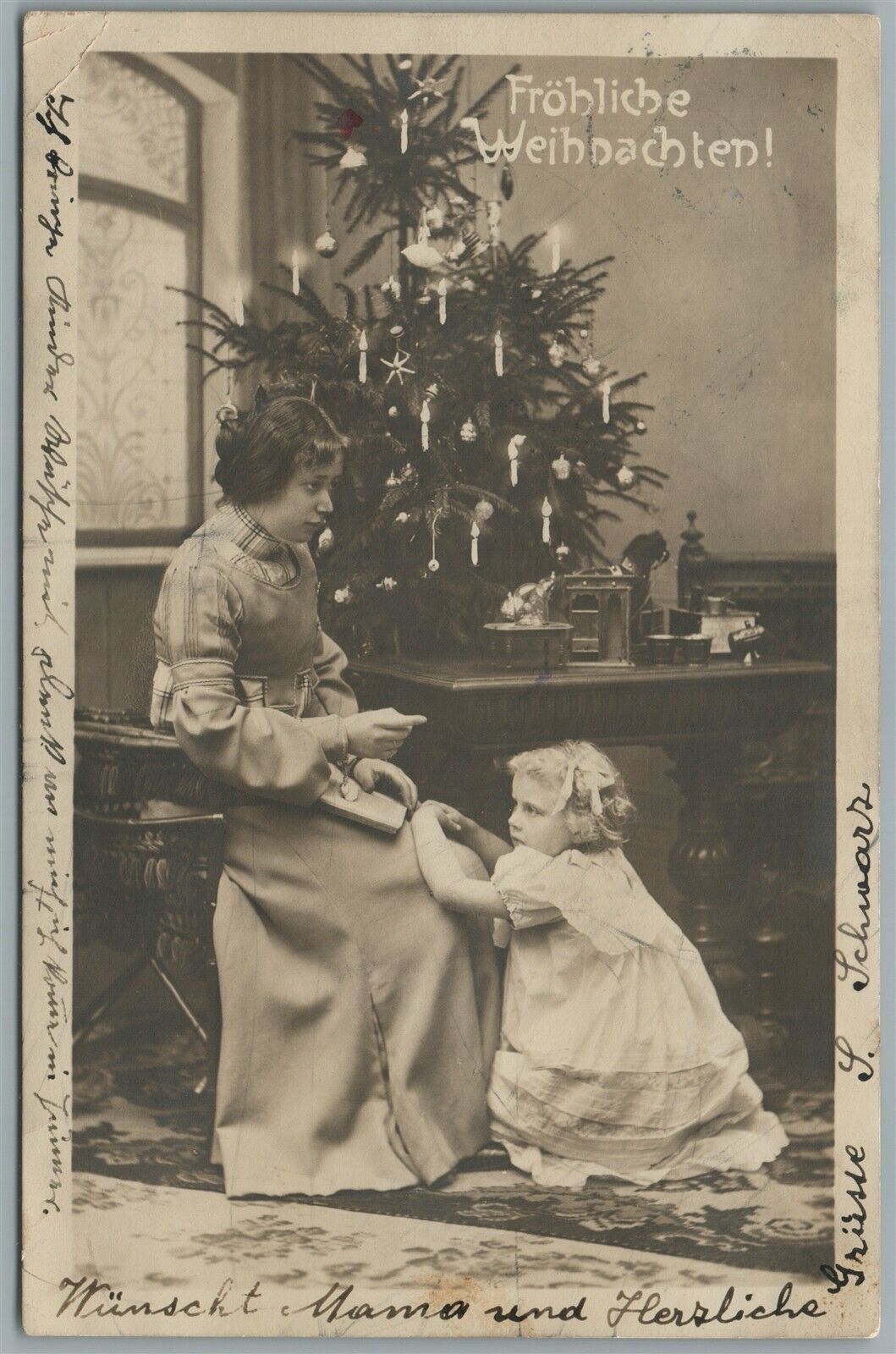 MOTHER & DAUGHTER UNDER CHRISTMAS TREE ANTIQUE REAL PHOTO POSTCARD RPPC