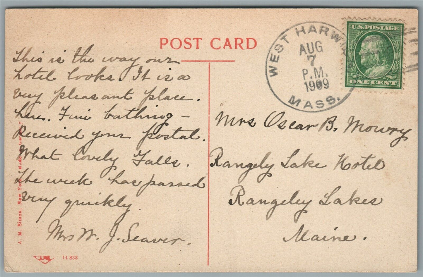 WEST HARWICH MA HOTEL BELMONT ANTIQUE POSTCARD