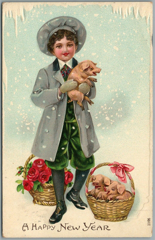 HAPPY NEW YEAR CHRISTMAS ANTIQUE POSTCARD BOY w/ PIGLETS