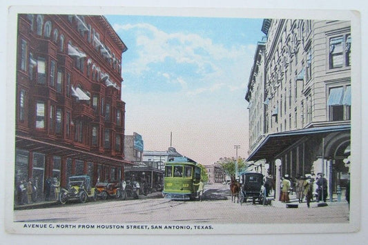 VINTAGE POSTCARD AVE C N. HOUSTON ST. SAN ANTONIO TEXAS railroad railway train