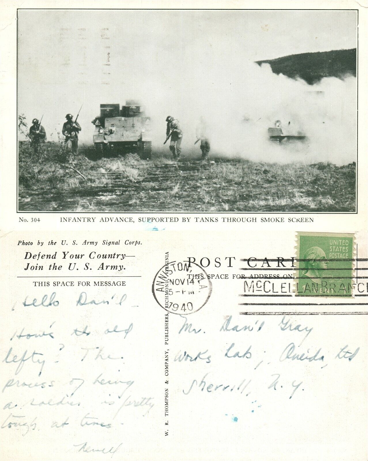 INFANTRY ADVANCE SUPPORTED by TANKS SMOKE SCREEN 1940 WWII VINTAGE POSTCARD